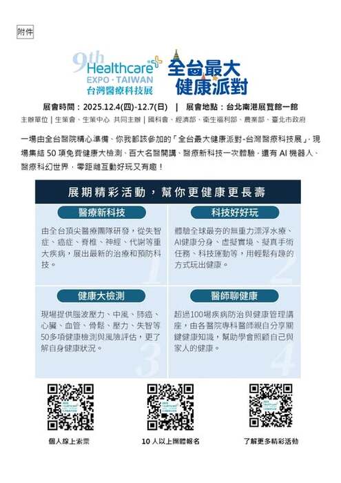 【活動資訊】第九屆 全台最大健康派對－台灣醫療科技展 即將登場！圖片